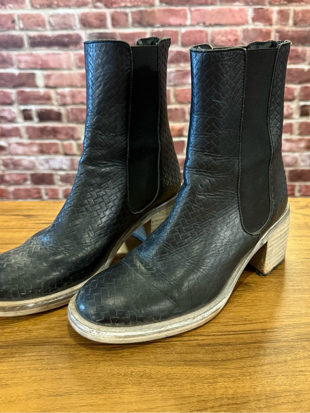 Free People Black Woven Leather Chelsea Booties